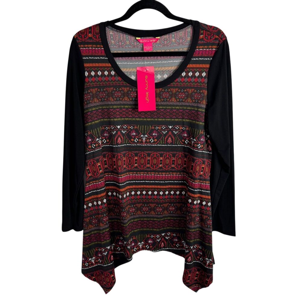 Sunny Leigh Women's Tunic Top Size Large Black & Pink Print Sharktooth Hem NEW